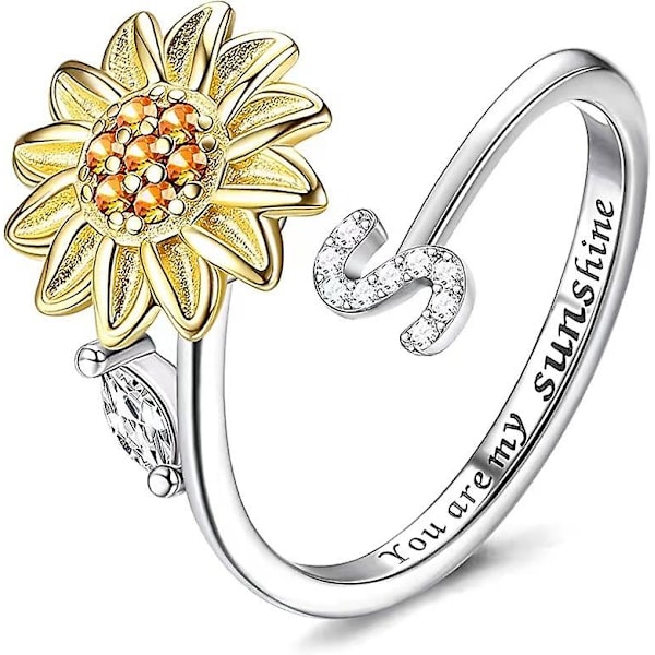 Fidgetringe til Angst for Kvinder Solsikke Initialbogstav Spinner Ring Åben Justerbar Ring CZ Ringe Daisy Stressaflastende Ring Smykker Gave til Kvinder