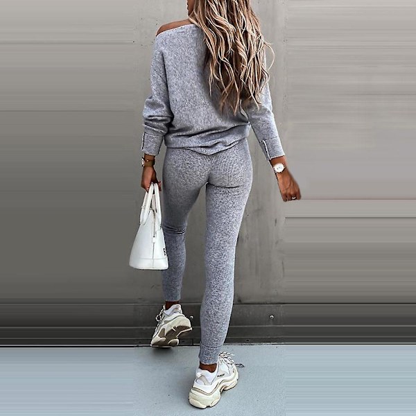 Naisten tavallinen casual verryttelypuku pitkähihainen t-paita Leggingsit Skinny Pants set Light Grey M