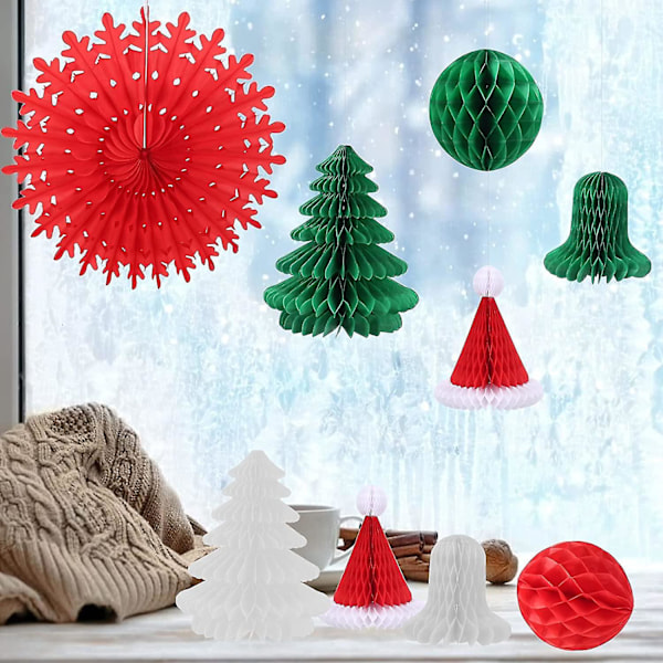 12 st Jul Pappersfläkt Retro Jul Takdekorationer Jul Pappershattar Papperspompoms Papper Julgran Klocka Honeycomb Dekoration För C