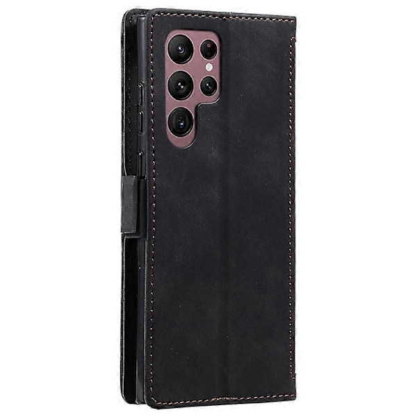 Kompatibelt för Samsung Galaxy S23 Ultra Retro Splicing Stil PU Läder Stötsäkert Telefonfodral Plånbok Ställ Folio Flipskydd med S Black