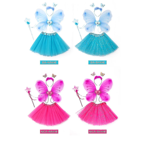 Snabb leverans Fairy Wings Kostym Barn, Princess Fairy Costume Fairy Butterfly Wings Set Girl Kort kjol Wings Wand, Rose Red Paljetter