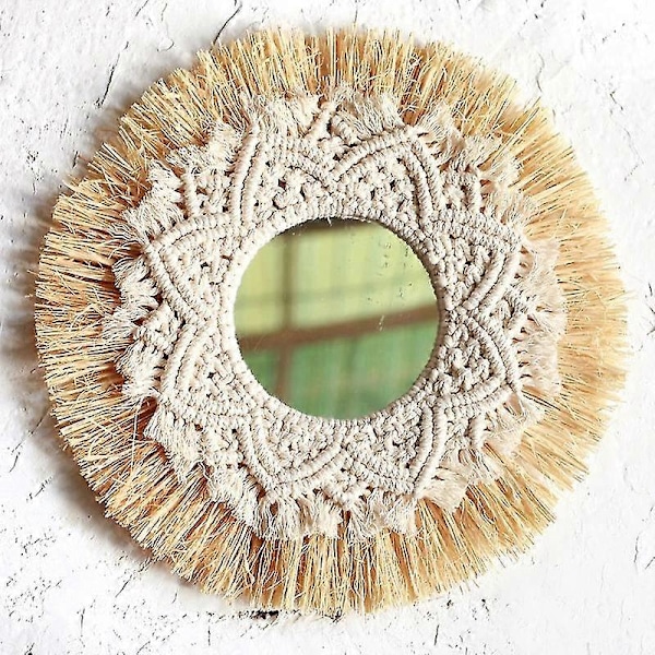 Nordisk Halm Vævet Hotel Seng og Morgenmad Væg Boho Indretning Håndvævet Spejl Vægdekoration Macrame (haoyi