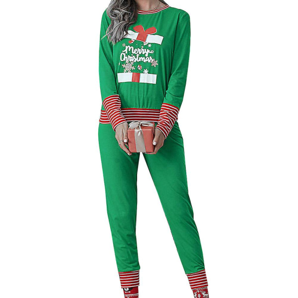 Christmas Women's Letter Printed Long Sleeve Pyjamas Set Christmas Pyjamas Lounge Wear Set Green 2XL