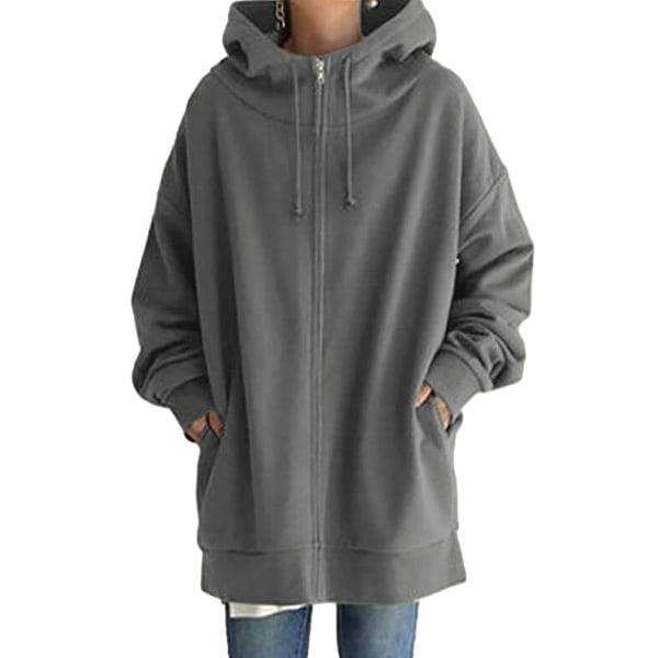 Kvinnor Hooded Full Zipper Coat Casual Outdoor Höst långärmad jacka med ficka Gray M