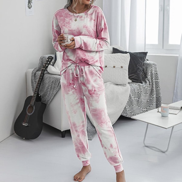 Kvinnors Tie Dye Casual Kostym Långärmad Sweatshirt Topp + Dragsko Byxor Kostym Casual Jogging Lounge Wear Pink XL