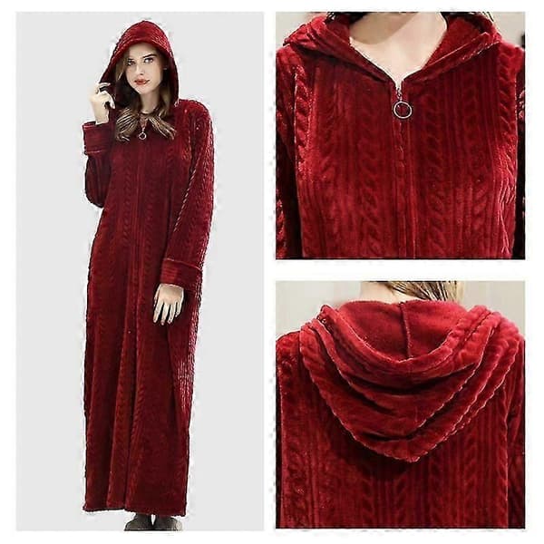 Badekåbe med hætte til damer, varm og blød fleece-morgenkåbe med lynlås, lang Wine Red L