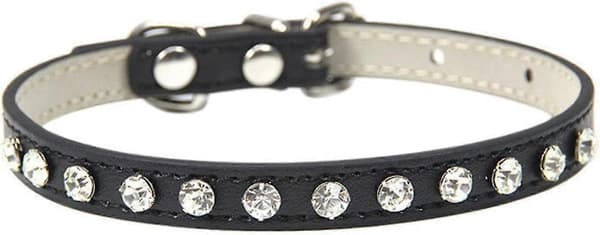Rhinestone PU læder halsbånd til hund kat sort (passer til: 20-28cm, 1 stk)