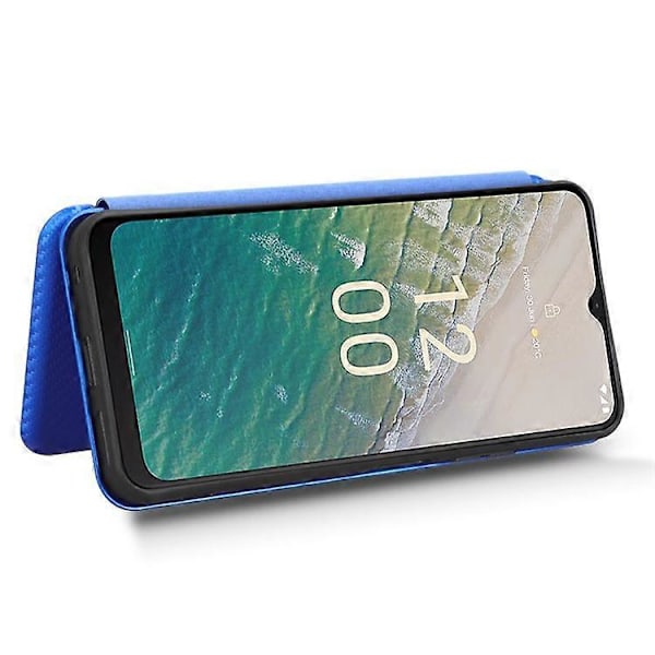 Kompatibelt för Nokia C32 PU Läder Kolfibertextur Fodral Kortfack Ställ Mobilskal Blue