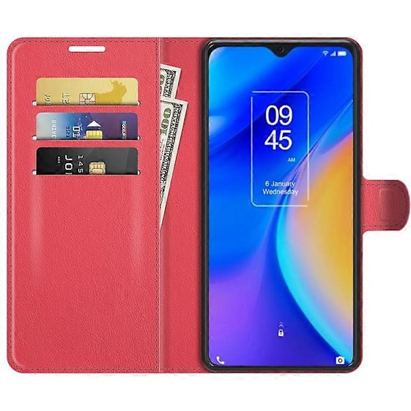 Litchi Tekstur PU Læder Etui Flip Stand Stødsikkert Telefoncover med Pung Kompatibel med TCL 20 SE Red