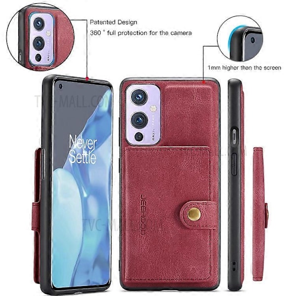 JEEHOOD Magnetisk pung aftagelig 2-i-1 design læderbelagt TPU-etui kompatibel med OnePlus 9 (EU / US version) Red