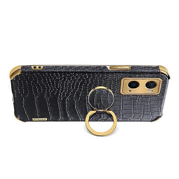Kompatibel med Oppo A36 / A76 Ring Holder Støtteben Cover Krokodille Tekstur Læderbelagt TPU 6D Elektropletteret Stødsikker Beskyttelse Black