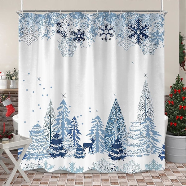 Blåt Jule Snefnug Bruseforhæng, Vinter Skov Hjorte Stof Bruseforhæng Sæt til Badeværelsesdekoration med Kroge 183 x 183 cm