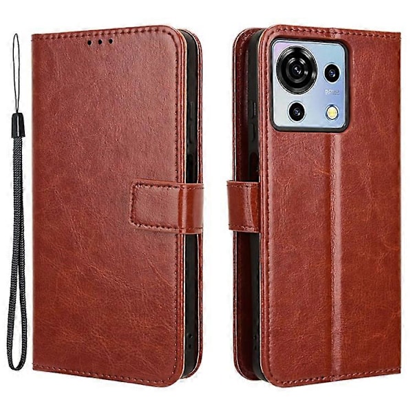 Kompatibel for ZTE Blade V50 Vita Lærdeksel med Stropp Telefon Lommebok Stativ Veske Brown