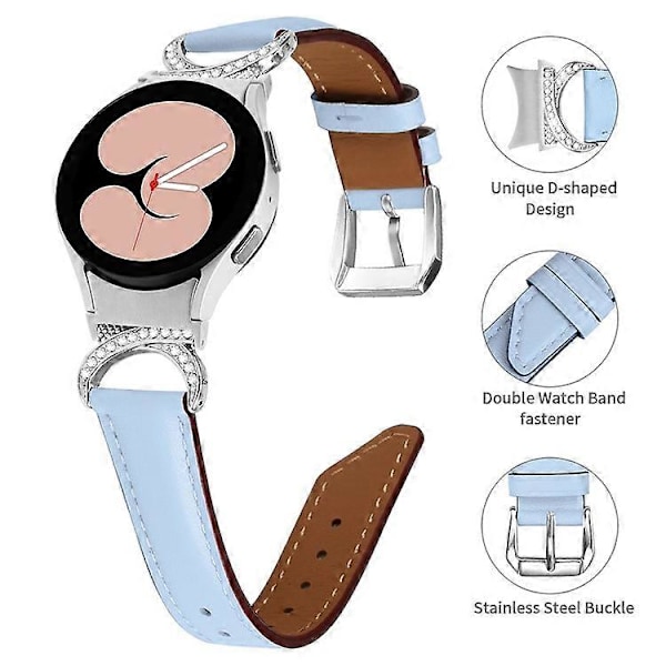 Yhteensopiva Samsung Galaxy Watch 5 / Watch 4 40mm / 44mm / Watch 4 Classic 42mm -kellon korvaava halkaistu nahkaranneke strassikivillä ja D-muodolla Blue