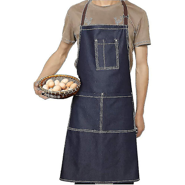 Denim Forkle, Topp Anbefalt - 100% Bomull Matlagingsforkle Med 3 Lommer Forkle Gave A