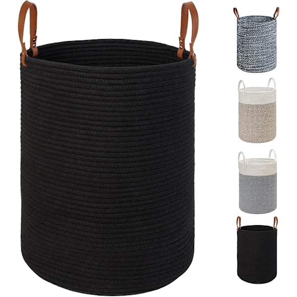 Stor Tvättkorg i Bomullsrep - 40 cm (d) X 50 cm (h) - Hopfällbar Vävd Korg med Läderhandtag för Förvaring av Kläder, Blöjor