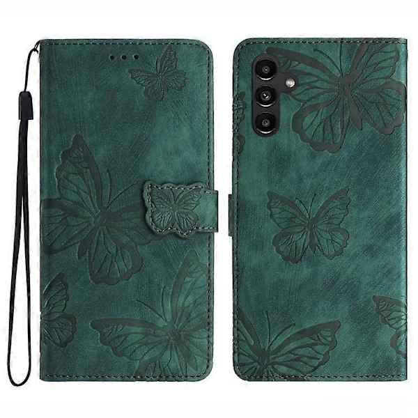 Kompatibelt för Samsung Galaxy A34 5G Ställ Plånboksfodral PU Läder Skin-touch Fjäril Tryckt Skal Green
