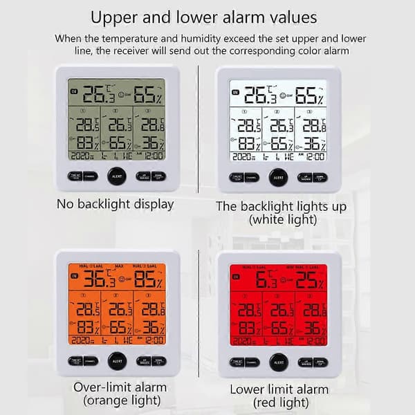 Termometer Hygrometer Farve Alarm med 3 Trådløse Sendere