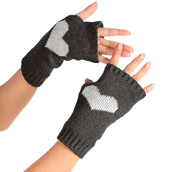 Vinterhandskar damer Pekskärm Tjocka varma stickade handskar Love Heart Print Fingerless Mitten Outdoor Skid Handskar Dark gray