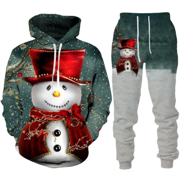 Jultomten 3D- print Man Kvinna Luvtröja + Byxor 2st set Nyårsfest Julfest Casual Oversized Pullover Träningsoverall Set style 10 4XL