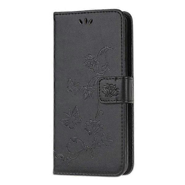 Præget Sommerfugl Blomst Skin PU Læder Flip Mobilcover Kompatibelt til Samsung Galaxy A51 Black