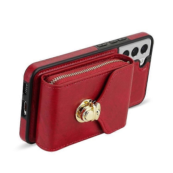 Kompatibelt för Samsung Galaxy S22 5G PU Läder + TPU Kortfack Fodral Ställ Dragkedja Telefonskal med Axelrem Red