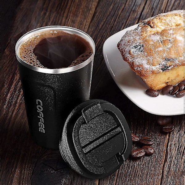 Isolerad Kaffemugg, Dubbelväggig Resemugg Vakuumisolering Rostfritt Stål med Återanvändbar Mugg, Te och Öl 384ml, Svart