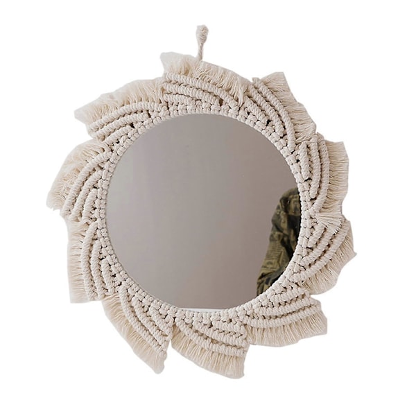 Nordisk Boho Makrame Veggspeil med Frynser Dusk Håndvevd Bomullsrep Gobelin Rundt Dekorativt Speil for Leilighet Stue Soverom