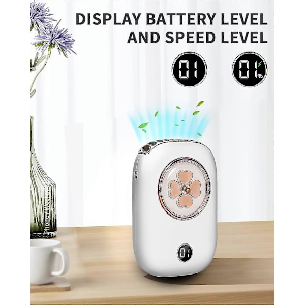 3-Nopeuksinen Henkilökohtainen Kannettava Ladattava Mini Kannettava Kaulatuuletin, 2000mAh Akku LED-Akunäytöllä ja Johdolla (Valkoinen)