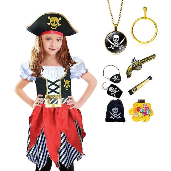 Pirate Cosplay Klänning för tjejer med puffärmar och halsbandstillbehör 2 XL(9-10Y)