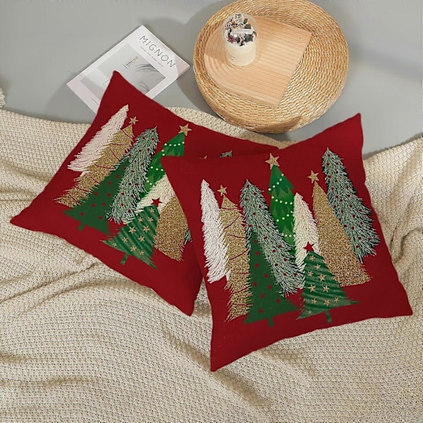 Jul Kuddfodral 45,72 x 45,72 cm Jul Dekorativt Linne Kuddfodral Jul Röd Kudde Julgran Stjärna Utomhus Prydnadskudde