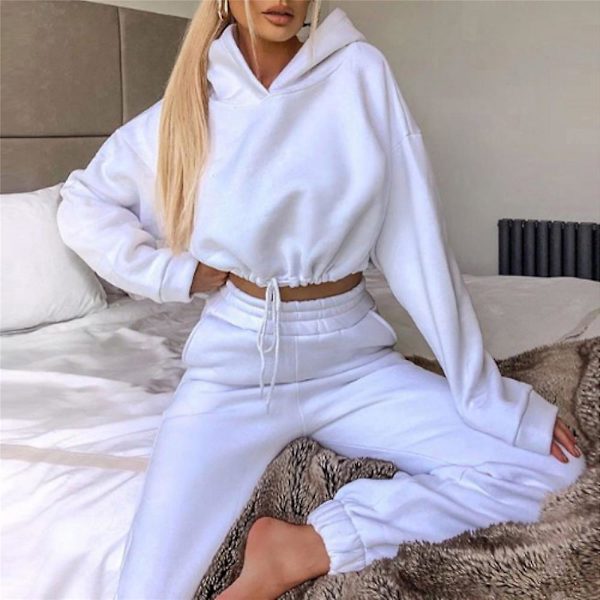 Kvinnors casual beskuren huvtröja + byxor med elastisk midja Sportkläder White M