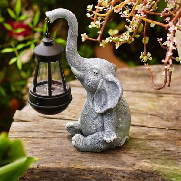 Elefant Solcellelampe Dekor Vanntett Solid Resin Håndverk Elefant Ornament Statue Hage Balkong G