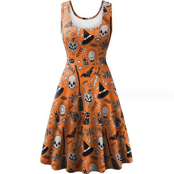 Halloween klänning för kvinnor ärmar printed vintage stil A-line festklänningar XL
