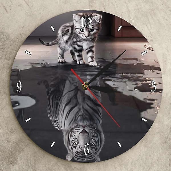 Träväggklocka 34cm Tyst Kvartsväggklocka - Katt Tiger Mönster