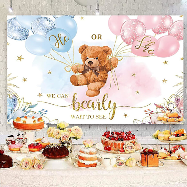 7x5ft Kjønnsavsløring Bakgrunn Baby Bjørn Gutt eller Jente Fotografering Bakgrunn Baby Shower Party Blå og Rosa Banner Dekorasjoner Rekvisitter Fotoboks