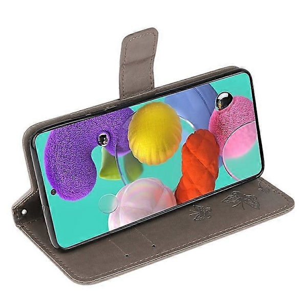 Præget Sommerfugl Blomst Skin PU Læder Flip Mobilcover Kompatibelt til Samsung Galaxy A51 Grey