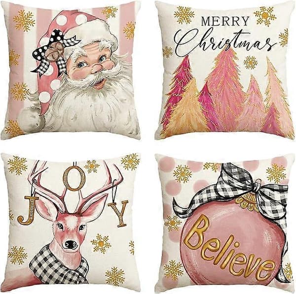 Glædelig Jul Julemand Træ Rensdyr Pyntepudebetræk, Pink Julepudebetræk Sofa Sofapynt 4-delt Sæt