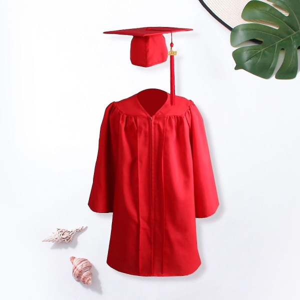 1 set valmistumisen pukuvetoketju ja hattu Polyesterista valmistettu lasten akateeminen mekko Red L