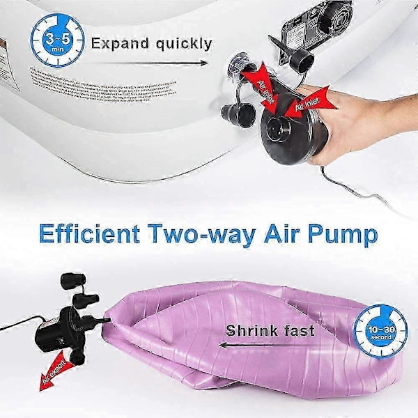 Elektrisk pumpe med 3 dyser, oppustning og tømning 2 i 1 pumpe med dobbeltfunktion til hjem og bil til oppustelig madras og camping