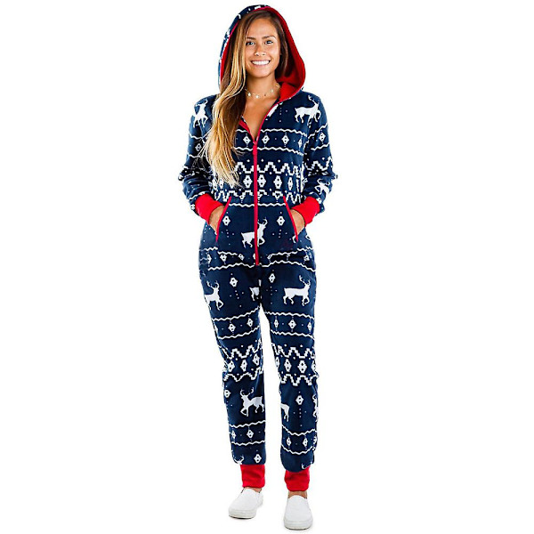 Print naisten yksiosainen pyjamat, hupullinen, mukava jouluinen pyjama taskuilla Blue M