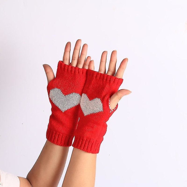 Vinterhandskar damer Pekskärm Tjocka varma stickade handskar Love Heart Print Fingerless Mitten Outdoor Skid Handskar Red