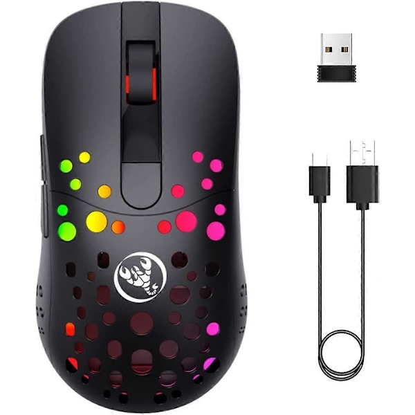 Gamingmus, 2.4G Trådlös och USB Kabelansluten Dual Mode Uppladdningsbar Mus med 6 Programmerbara Knappar Anpassningsbar Bakgrundsbelysning 10000 DPI 1000 Hz (Svart)