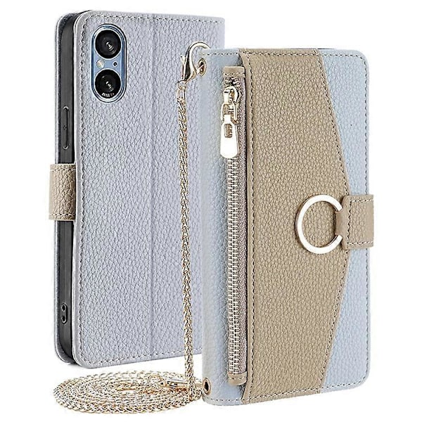 Kompatibel med Sony Xperia 5 V Lommebok PU Lær Crossbody Telefondeksel med Sminkespeil Blue