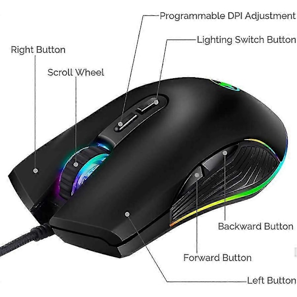 USB C Mus Typ C Ergonomisk Trådbunden Mus RGB Gamingmus Optisk Mus med Justerbar DPI 800/1600/2400/3200 Kompatibel med Notebook, C, Laptop, Ma