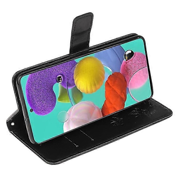Præget Sommerfugl Blomst Skin PU Læder Flip Mobilcover Kompatibelt til Samsung Galaxy A51 Black