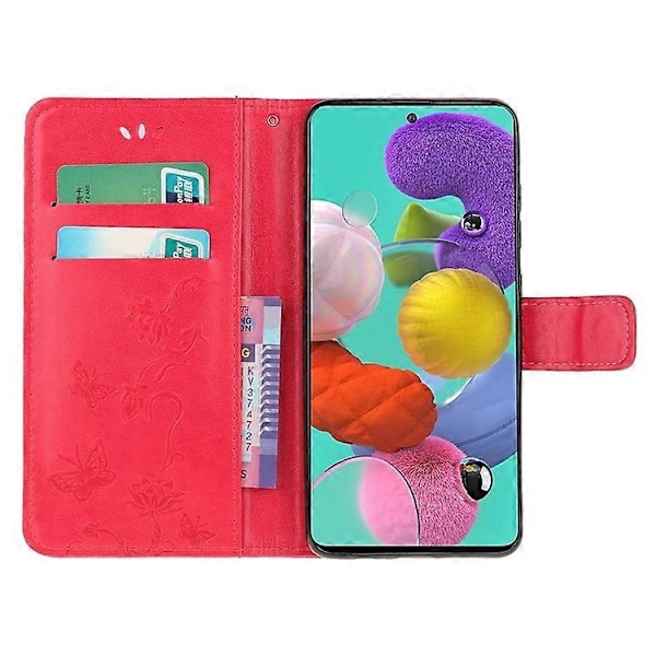 Præget Sommerfugl Blomst Skin PU Læder Flip Mobilcover Kompatibelt til Samsung Galaxy A51 Red
