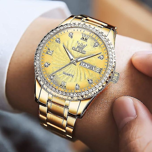 Lyxiga herrur i rostfritt stål, stora guld-analoga herrur med kvarts, mode 30m vattentäta casual armbandsklockor med dag-datum diamant manlig dröm