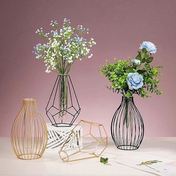 Metallställ Klar Blomma Vas Glasvaser Set, Nordisk Stil Geometrisk Glas Järnkonst Växtbehållare för Kontor Hem Bröllop Dekoration (Svart)