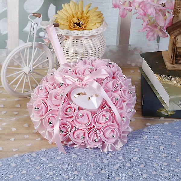 Hjerteformet Falsk Rose Rhinestone Innlagt Bryllupsringboks Oppbevaringsholderpute Q